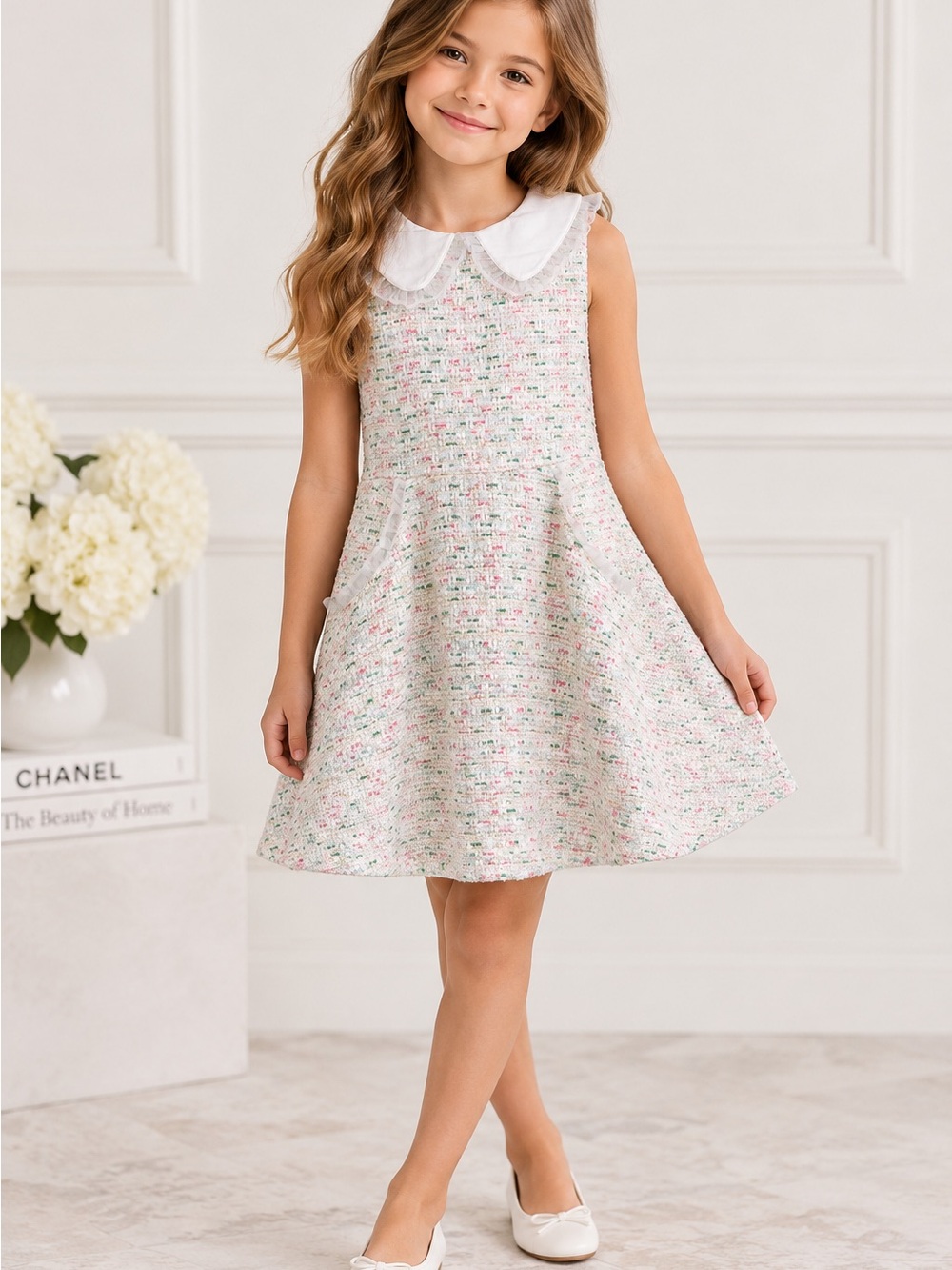 Janie and Jack Size 8 Tweed Fit & Flare Dress Peter Pan Collar Pastel